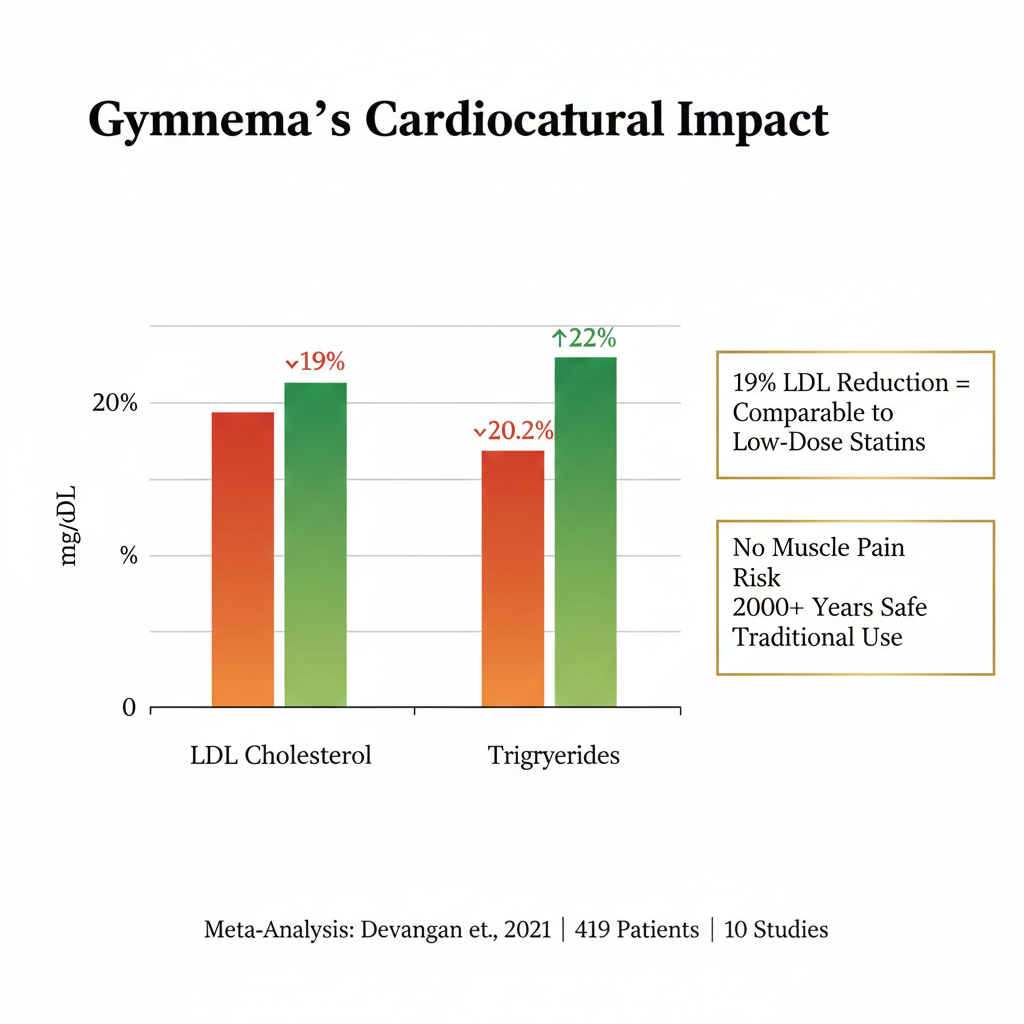 ar chart showing Gymnema blood sugar supplement improves cholesterol: LDL down 19%, triglycerides down 20%, HDL up 22% in clinical trials