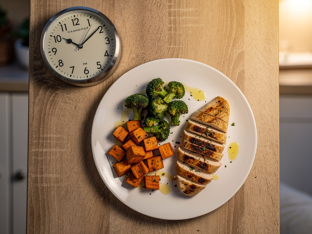 Healthy dinner plate eaten at 7:30 PM showing proper 3-4 hour fasting window before bedtime for optimal fat burning