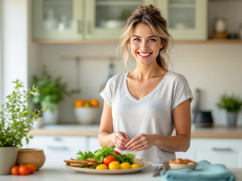 Healthy, energetic woman age 45-55 showing results of stable blood sugar: confident posture, normal energy levels, healthy weight, preparing nutritious meal