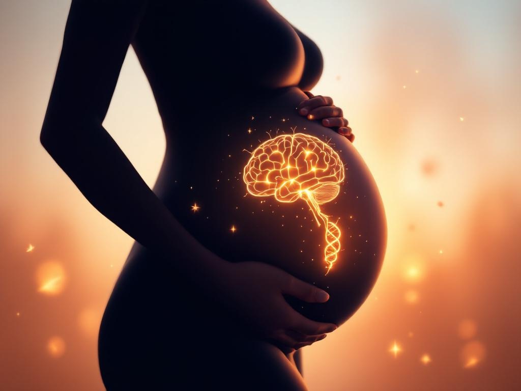 Illustration of a pregnant woman showing a glowing baby brain with neural pathways lighting up, symbolizing critical brain development during pregnancy with proper nutrition