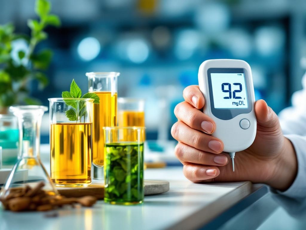 Natural blood sugar control ingredients - laboratory beakers with herbal extracts and glucose meter showing normal 92 mg/dL reading
