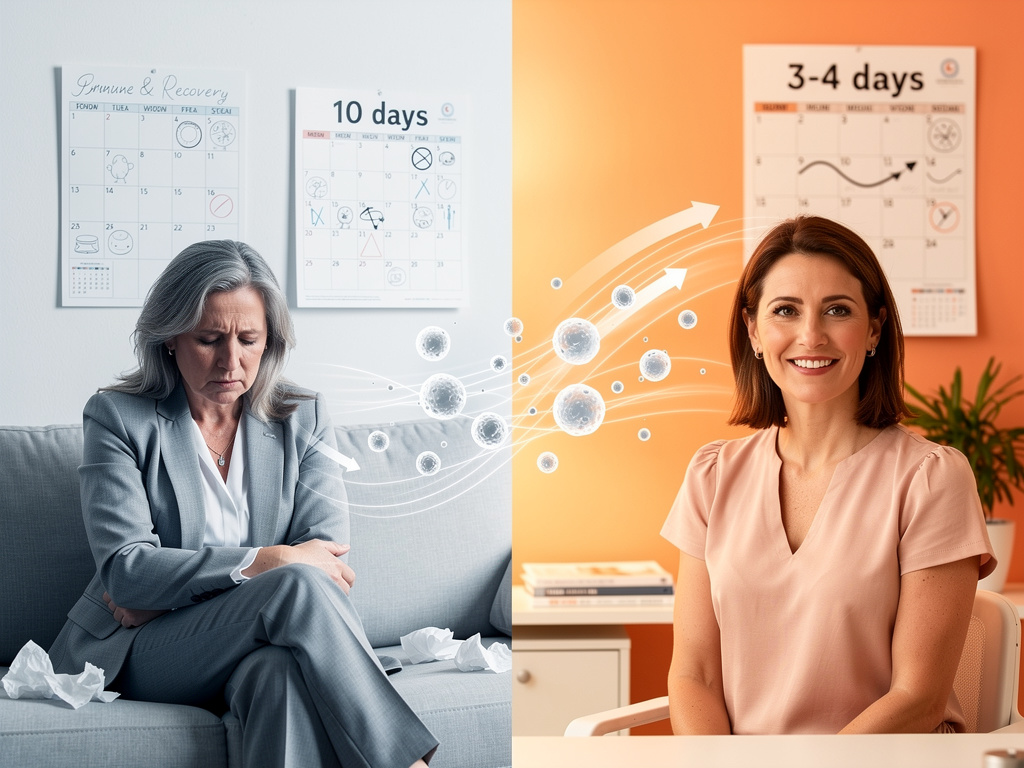 Woman showing fast immune system recovery in 3-4 days vs slow recovery in 10 days - timing and consistency matters