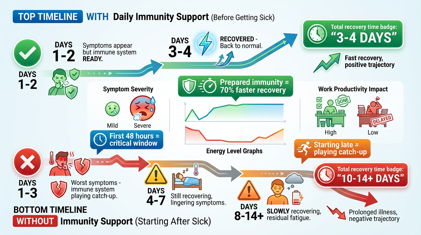 Immune system recovery timeline comparing 3-4 days with support versus 10-14 days without proper immune support