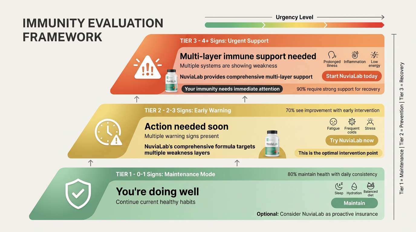 Three-tier immunity assessment evaluation framework showing 0-1, 2-3, and 4+ signs categories