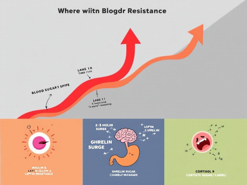 Diagram showing how insulin spikes trigger cravings by disrupting leptin and ghrelin hunger hormones, with cortisol response causing appetite increase and food cravings