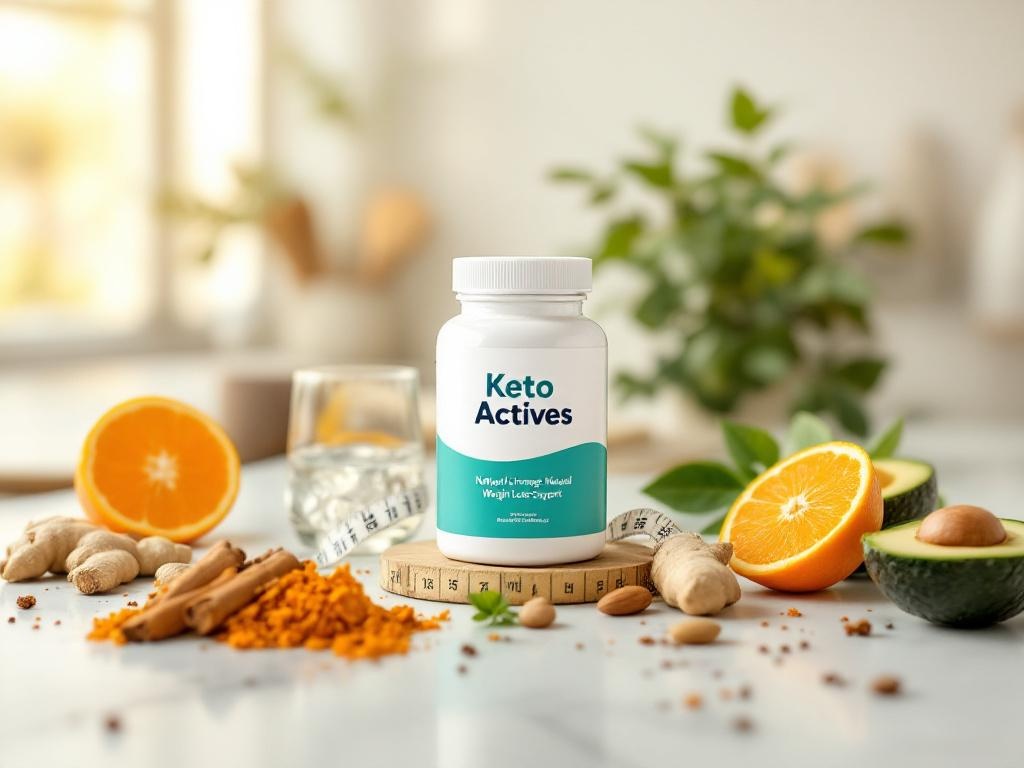 Keto Actives natural dietary supplement bottle displayed with natural ingredients including bitter orange extract, thermogenic spices, and NuRice, designed for smooth ketogenic diet transition and metabolic support