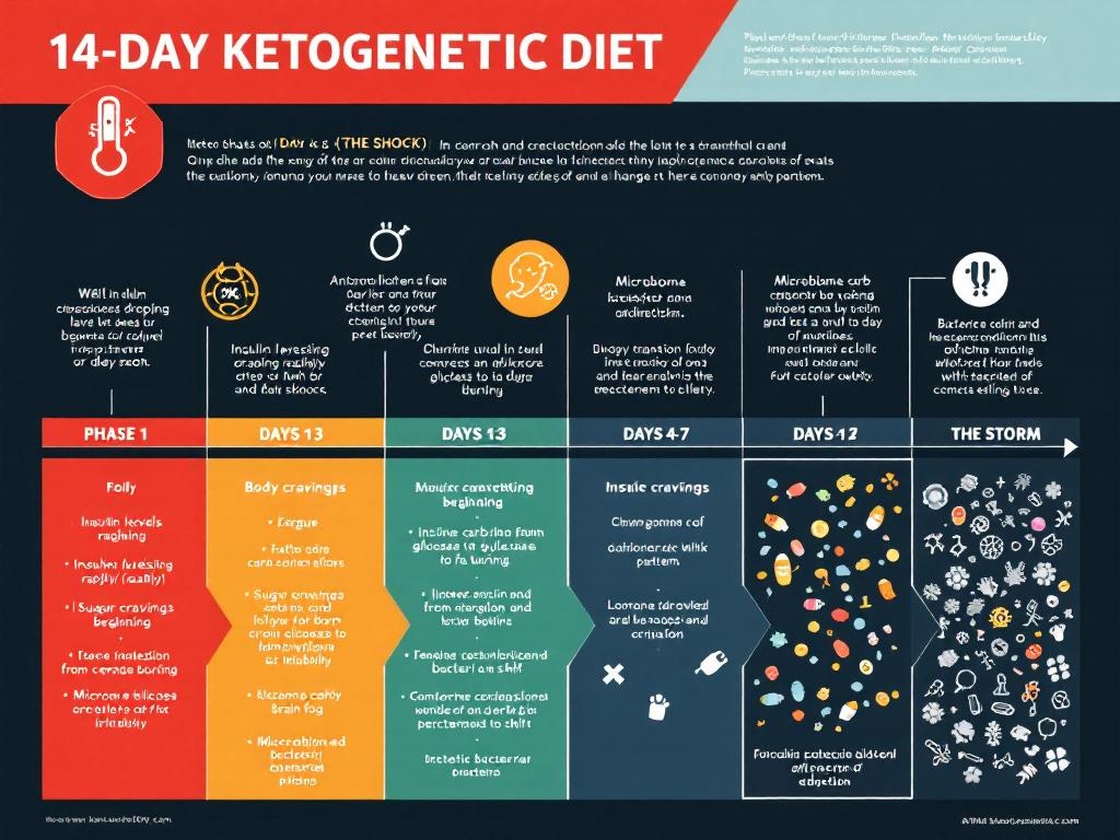 Ketogenic Diet & Microbiome: How Gut Bacteria Determine Your Weight Loss Success 14-day ketogenic diet adaptation timeline showing microbiome transition symptoms and bacterial changes each day