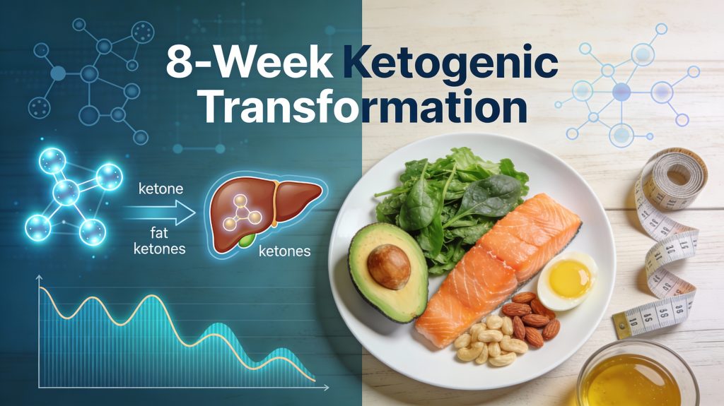 Ketogenic diet metabolic transformation infographic showing ketone production, fat metabolism, and 8-week weight loss results with keto meal example