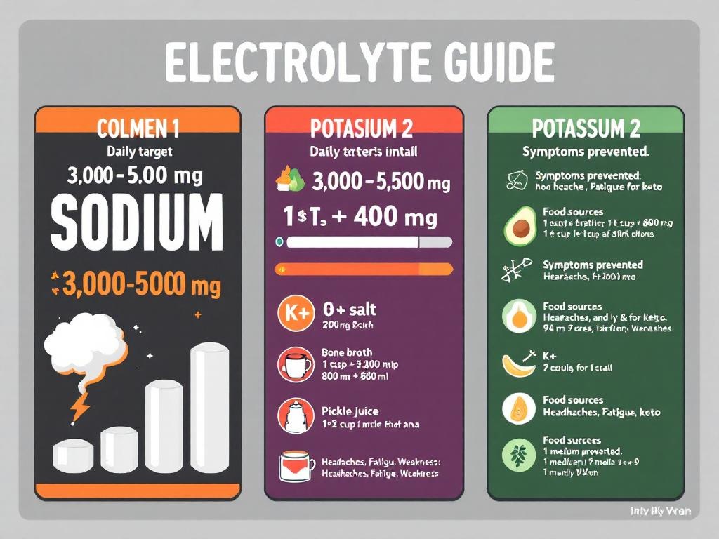 Keto electrolytes guide: sodium, potassium, magnesium daily targets and food sources (avocado, spinach, salt)