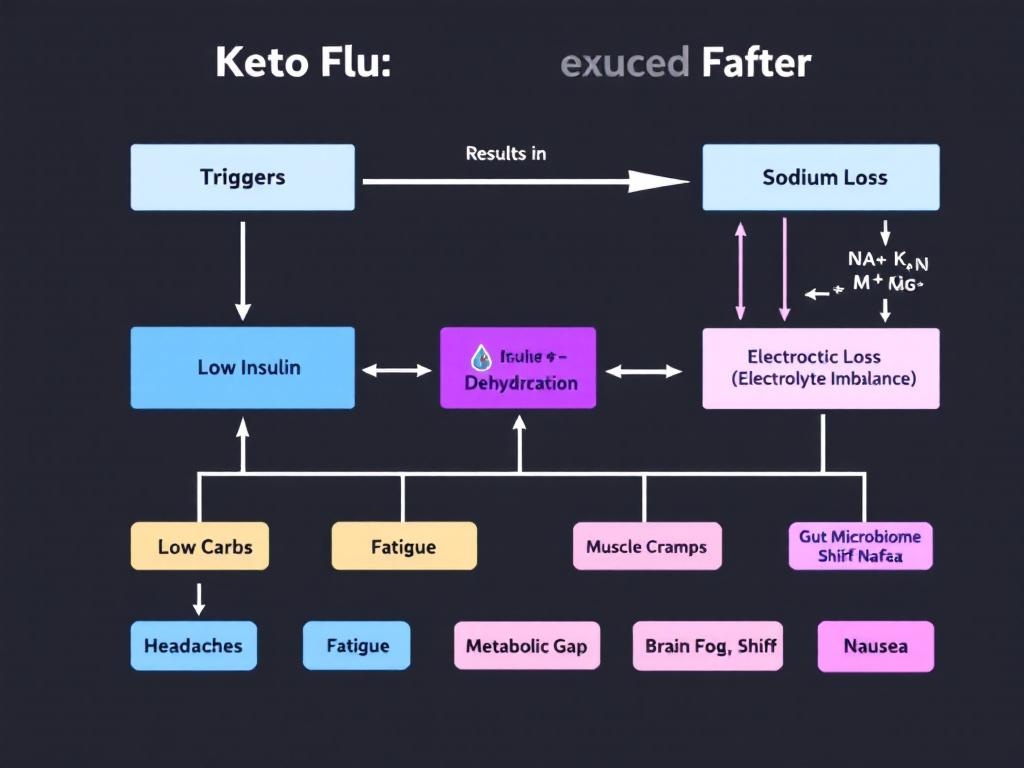 Keto flu causes: electrolyte loss, dehydration, carb withdrawal, metabolic transition diagram