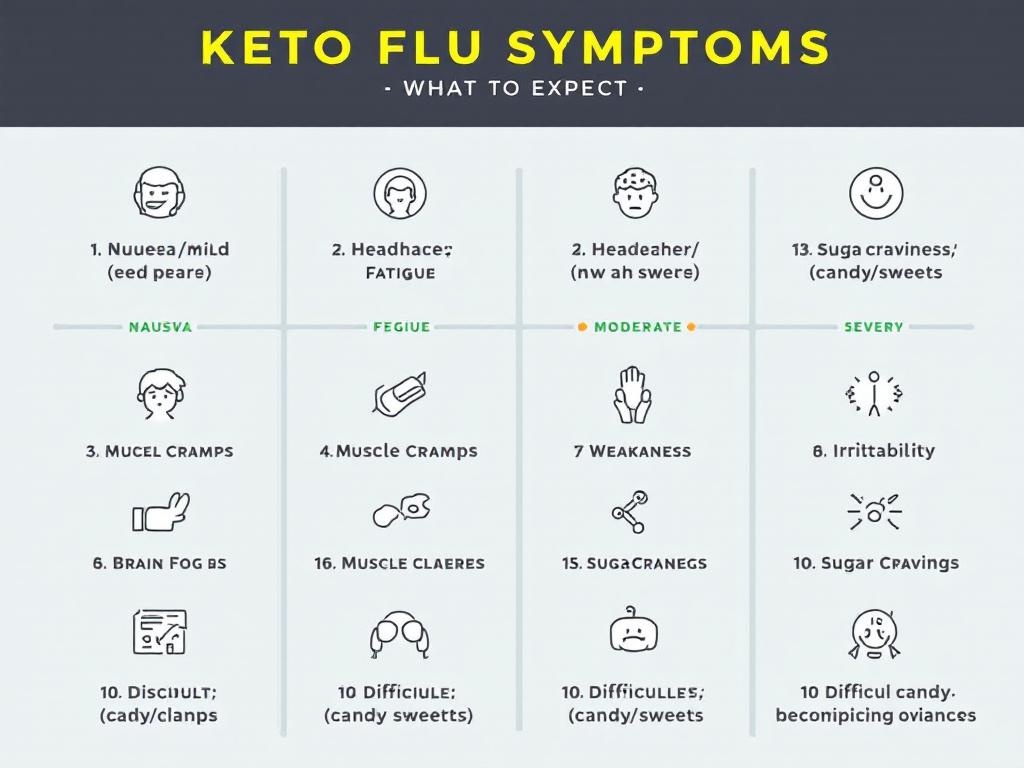Keto flu symptoms infographic: fatigue, headache, brain fog, muscle cramps, nausea
