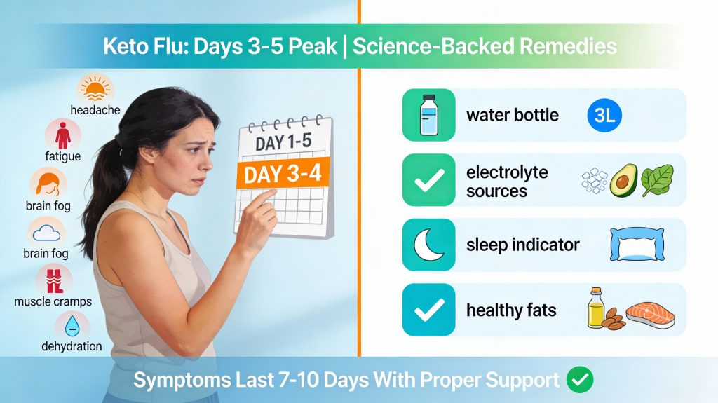 Keto flu symptoms timeline with a woman on days 3 to 5 of ketogenic diet adaptation and science backed remedies