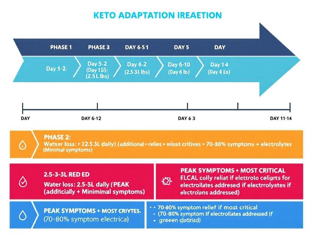 Keto adaptation hydration timeline: water weight loss days 1-7 from glycogen depletion, recovery days 8-14