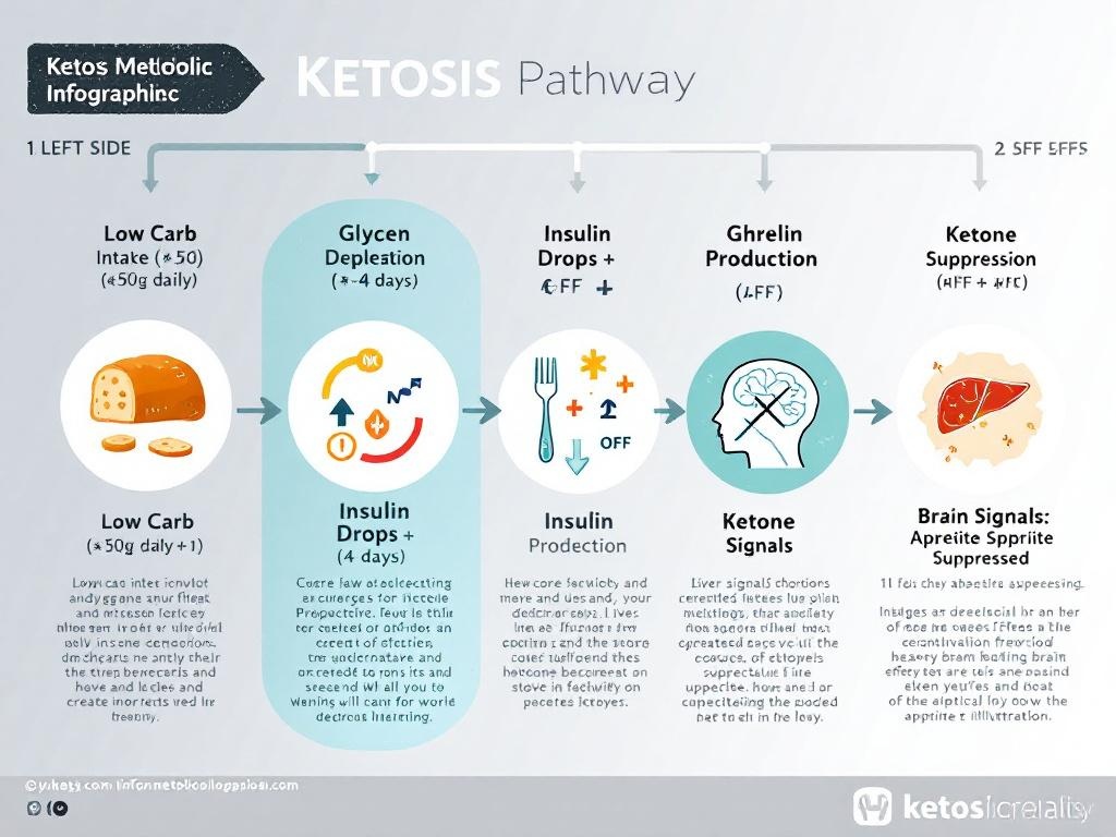 Infographic showing ketosis metabolic process: carbohydrate restriction triggers glycogen depletion, insulin drop, ghrelin suppression, and ketone body production for appetite control and fat burning
