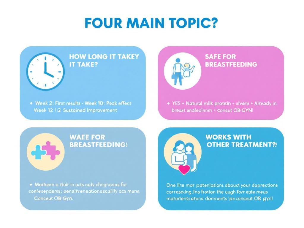 FAQ visual guide with icons answering: how long does lactoferrin take, safety during breastfeeding, compatibility with other treatments, effectiveness for severe acne