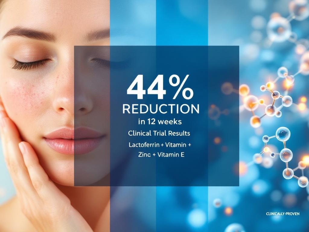 Clinical trial results showing 44% reduction in inflammatory acne lesions using lactoferrin zinc and vitamin E supplement over 12 weeks
