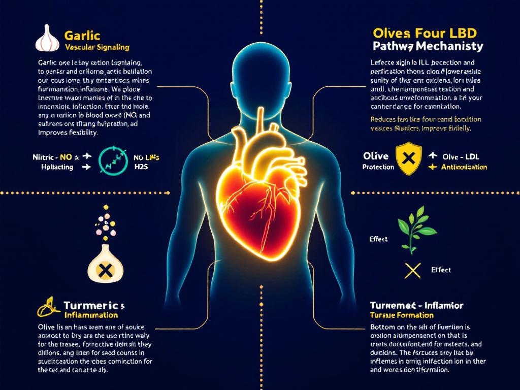 Four ingredient mechanism diagram showing how aged garlic extract, olive extract, 
turmeric curcumin, and choline work through different cardiovascular pathways
