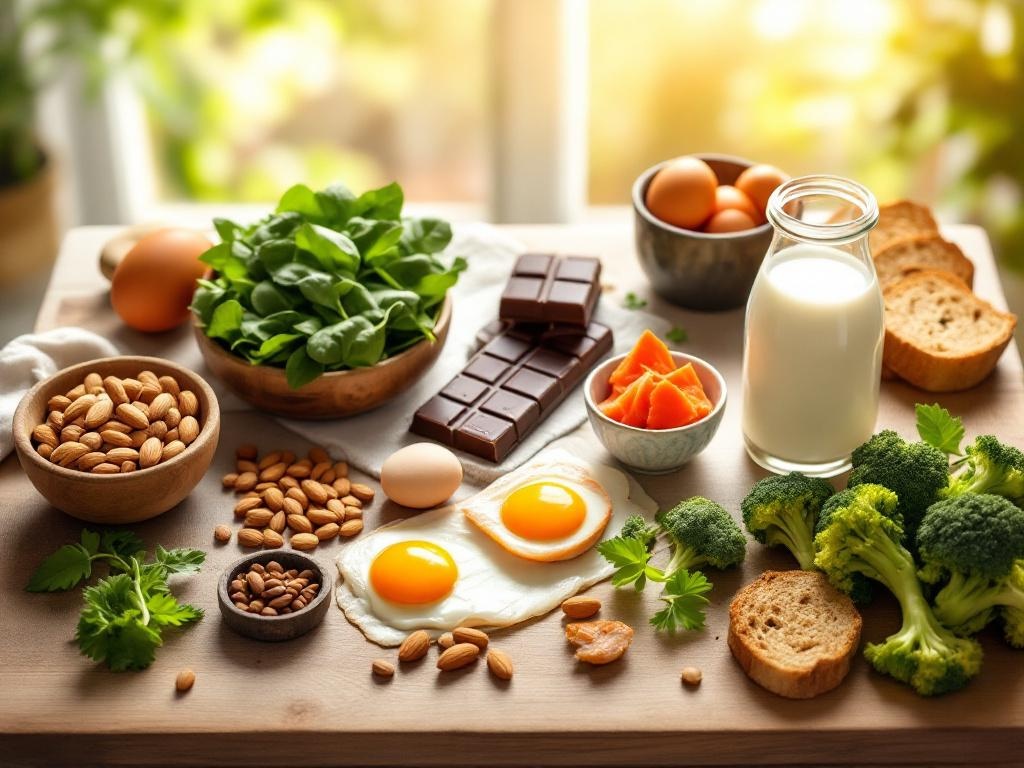 Almonds, pumpkin seeds, dark leafy greens, dark chocolate, salmon, egg yolks, 
fortified milk, whole grains, broccoli with natural sunlight - food sources of 
magnesium and vitamin D for pregnancy absorption and bone health