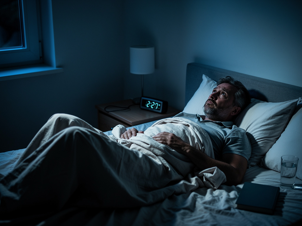 Man lying awake at night suffering from insomnia and poor sleep quality affecting weight loss hormones