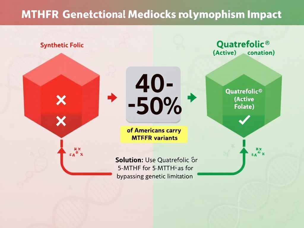 MTHFR genetic infographic showing how 40-50% of Americans can't convert synthetic 
folic acid, and how Quatrefolic bypasses this genetic limitation for direct bioavailability