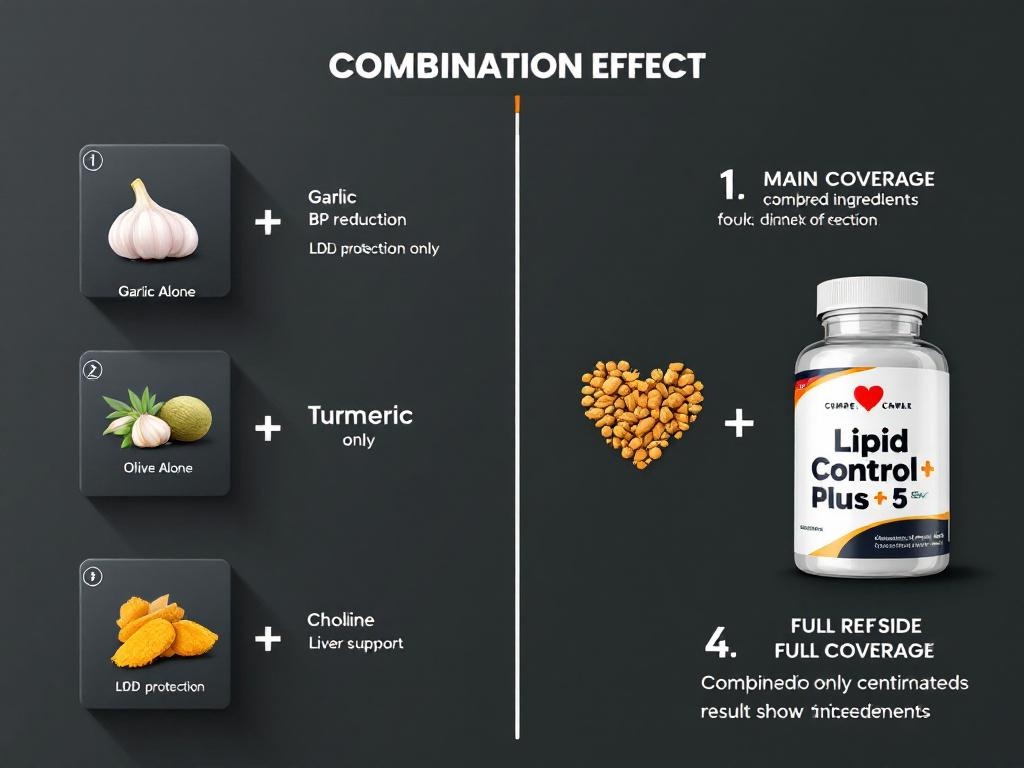 Multi-ingredient synergy diagram showing how four cardiovascular ingredients 
work together creating more powerful combined effect than single ingredients
