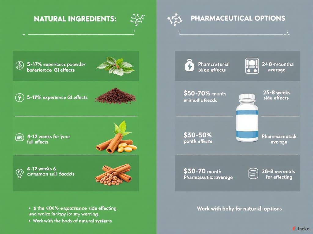 Side-by-side infographic comparing natural blood sugar ingredients vs pharmaceutical medications on mechanisms, side effects, timeline, and cost