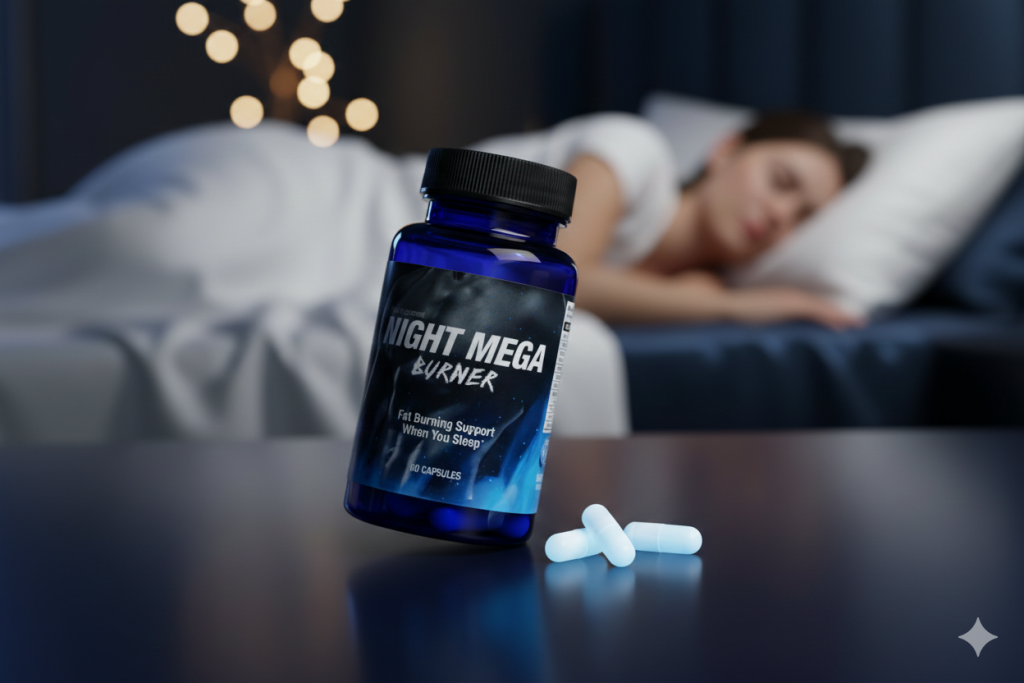 Night Mega Burner premium supplement bottle with capsules and sleeping person background, burn fat while you sleep without stimulants