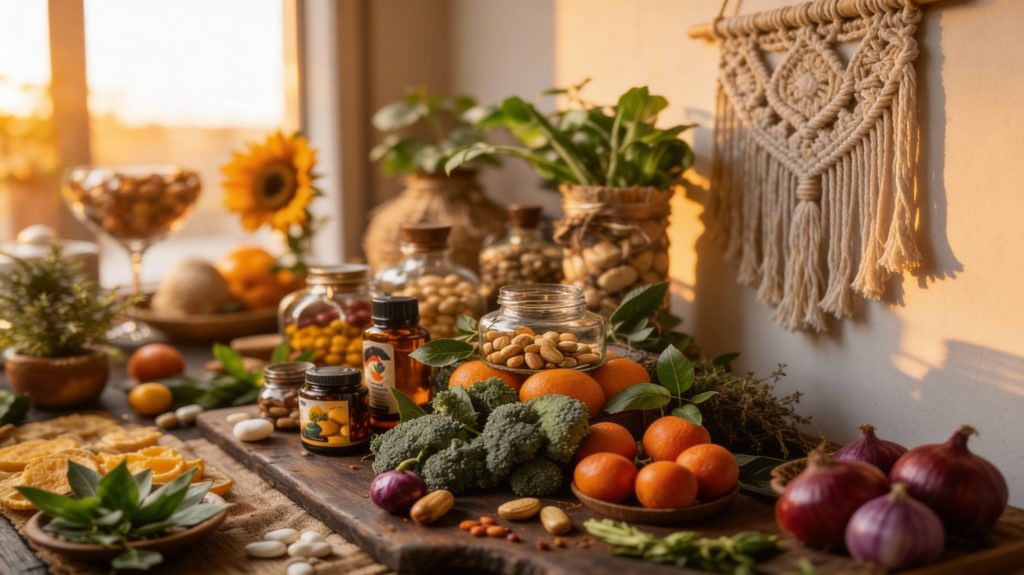 Natural ingredients and supplements for weight loss and sleep - professional wellness composition with broccoli, citrus fruits, nuts, essential oils, and herbs on rustic wooden surface