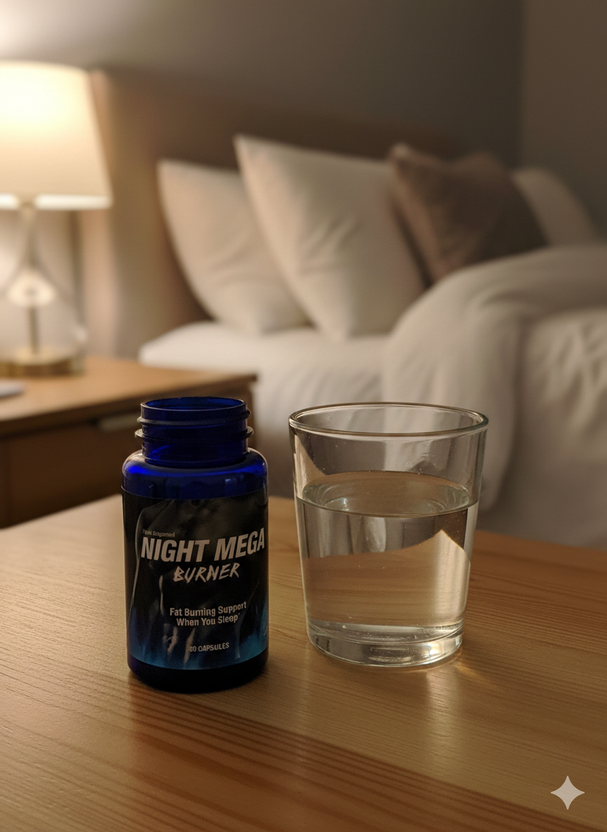 Night Mega Burner supplement bottle on bedside table next to water glass and alarm clock showing nighttime routine