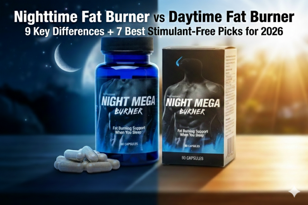 Nighttime fat burner vs daytime fat burner comparison with Night Mega Burner bottle in the center