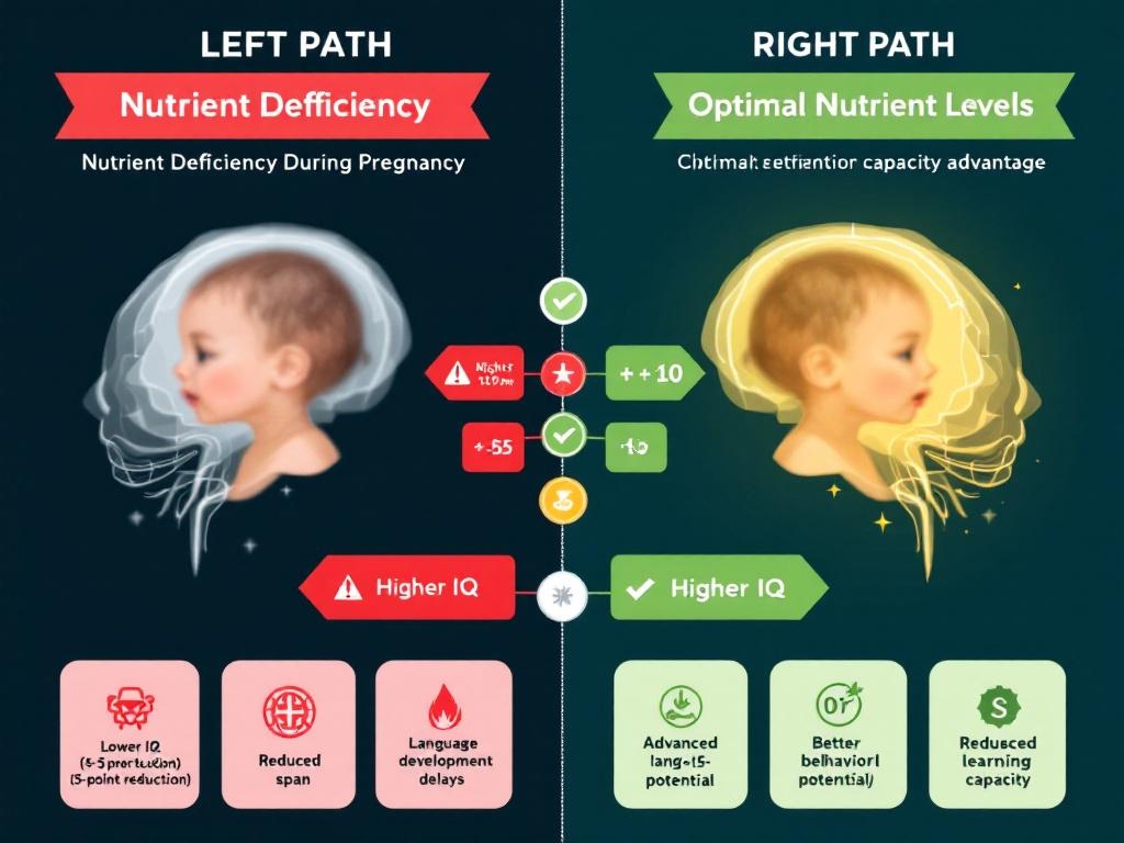 Comparison infographic showing consequences of prenatal nutrient deficiency vs optimal 
nutrient levels on baby brain development, IQ, language, attention span, and behavior