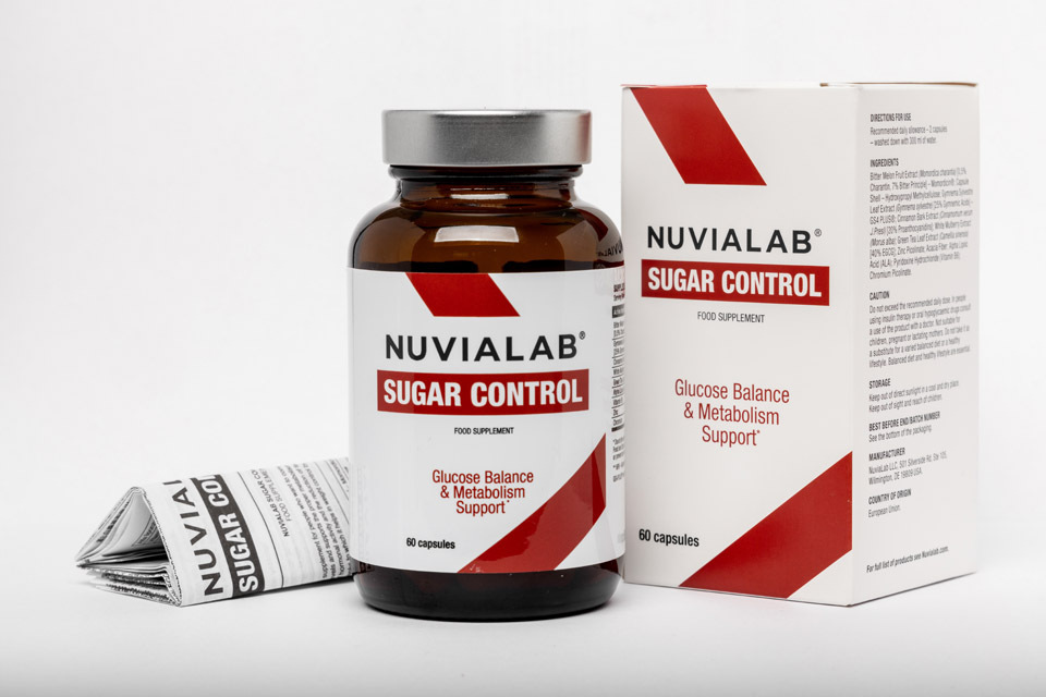 NuviaLab Sugar Control supplement bottle featuring GS4 PLUS Gymnema 
Sylvestre extract for natural blood sugar support