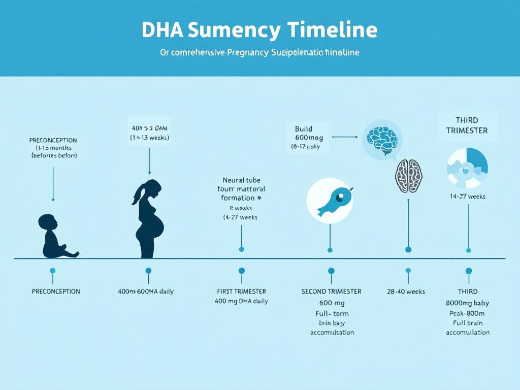 Pregnancy timeline showing recommended DHA dosage progression from preconception through lactation: 400-600mg first trimester to 600-800mg third trimester