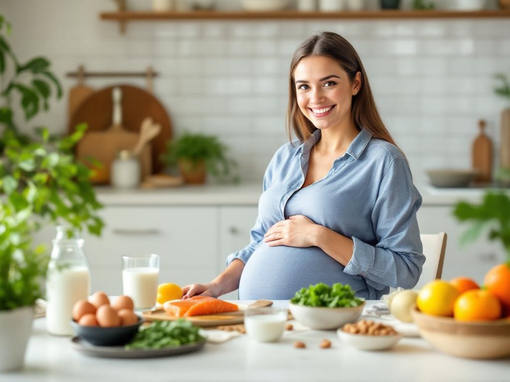 Pregnant woman in second trimester smiling at table with prenatal vitamin 
bottle surrounded by healthy foods including salmon (omega-3), eggs (choline), 
leafy greens (folate and magnesium), milk (calcium), almonds (magnesium), 
and citrus fruits