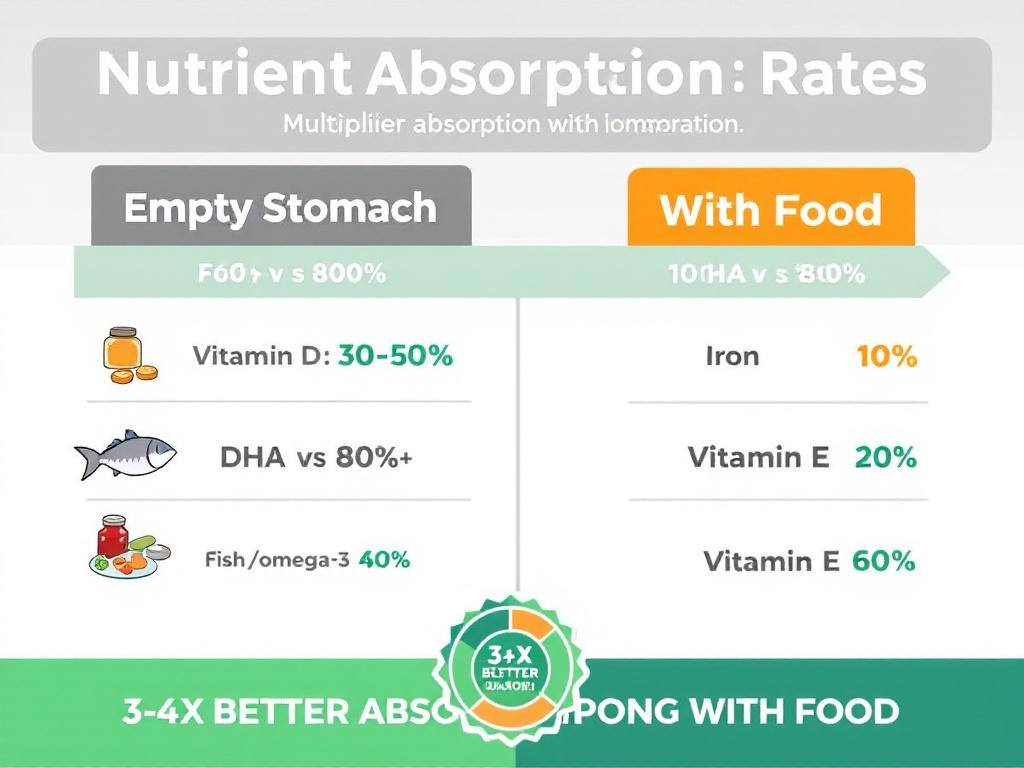 Prenatal vitamin nutrient absorption comparison chart showing absorption rates
with empty stomach vs with food - Vitamin D 30-50% empty stomach vs 80% with food,
DHA 20% vs 80%, Iron 10-20% vs 40%, demonstrating 3-4x better absorption when
taking vitamins with meals containing healthy fats