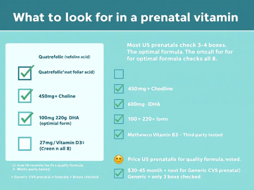Prenatal vitamin checklist showing 8 critical components to look for: Quatrefolic, choline, 
DHA, iodine, iron, vitamin D3, methylcobalamin B12, and third-party testing certification