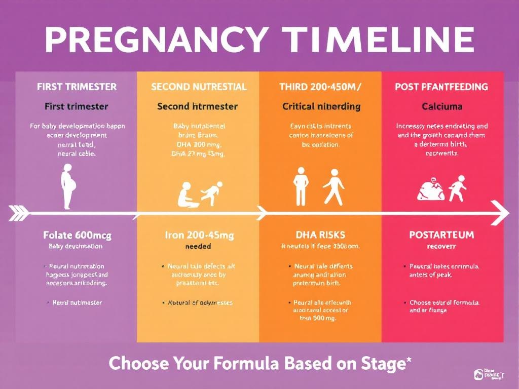 Prenatal vitamin requirements by trimester timeline showing first trimester
folate 600mcg and neural tube focus, second trimester iron increase to 30-45mg
and blood volume expansion, third trimester DHA 250-300mg for peak brain growth,
and postpartum lactation needs - demonstrates why using same formula all 9 months
is ineffective
