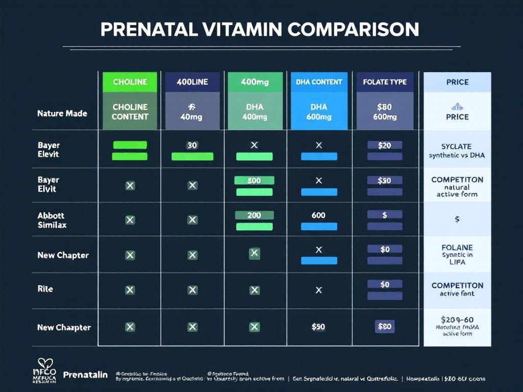 Comparison chart of top prenatal vitamin brands showing choline content, 
DHA amounts, folate types, and monthly prices. Prenatalin leads with 400mg 
choline and 600mg DHA, superior to Nature Made, Ritual, Bayer, and other brands