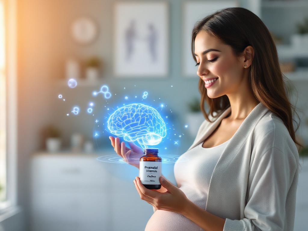 Pregnant woman holding prenatal vitamins with choline and DHA for fetal brain development, showing healthy pregnancy nutrition with ACOG recommended supplements in 2026