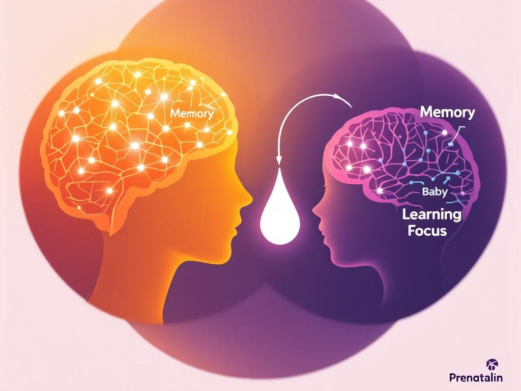 Illustration of maternal brain connected to infant brain showing 
choline transfer through breastfeeding and development of memory and 
learning neural pathways