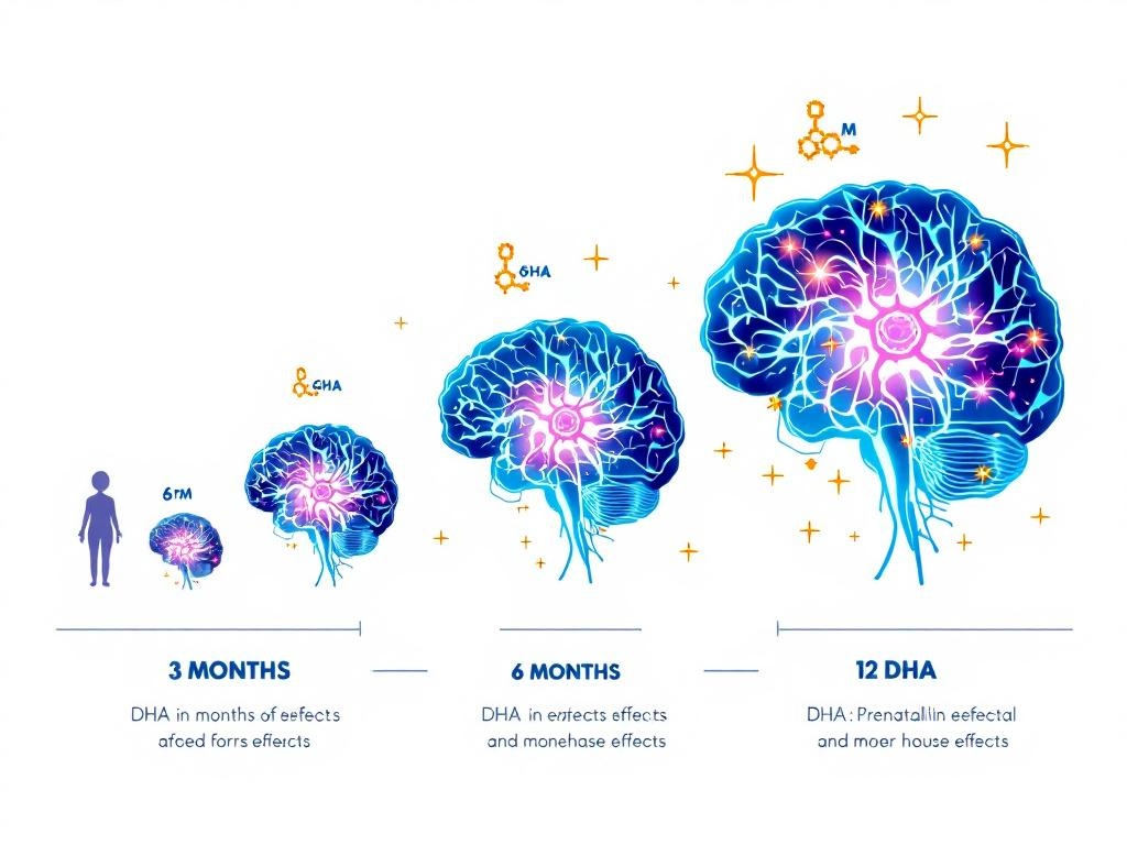 Infant brain development stages showing DHA effects on neural networks, 
synapses, and baby brain volume from 3 to 12 months of age
