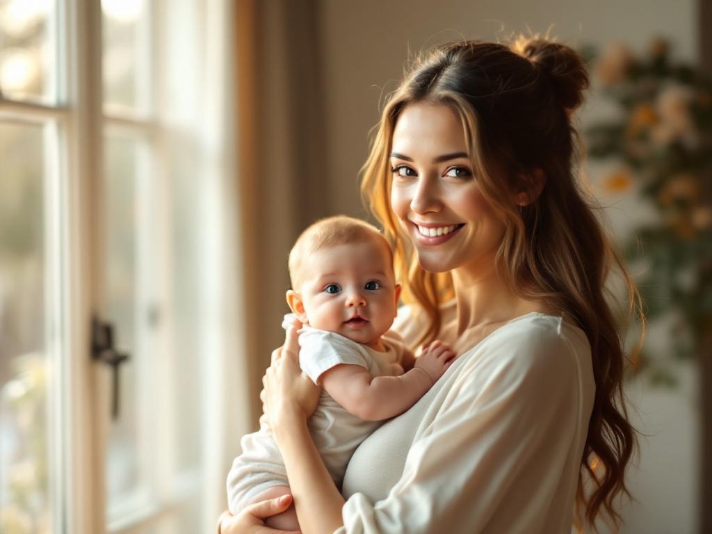 Healthy, glowing postpartum mother breastfeeding thriving infant in sunlit home environment, representing maternal wellness and breast milk quality