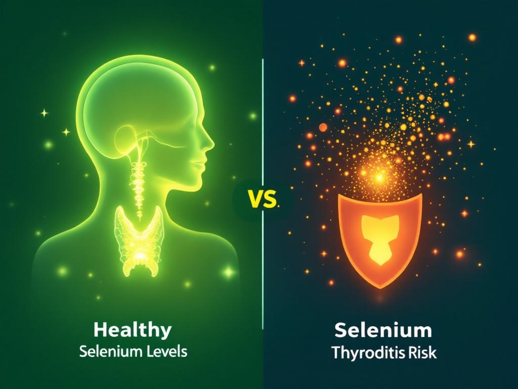 Medical infographic showing healthy thyroid protected by selenium 
vs. postpartum thyroiditis, illustrating selenium's role in maternal 
health during breastfeeding