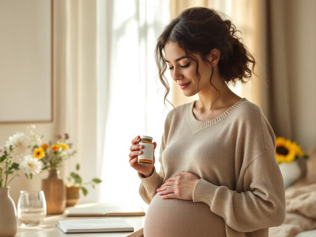 Young woman planning pregnancy holding prenatal vitamins with hopeful expression