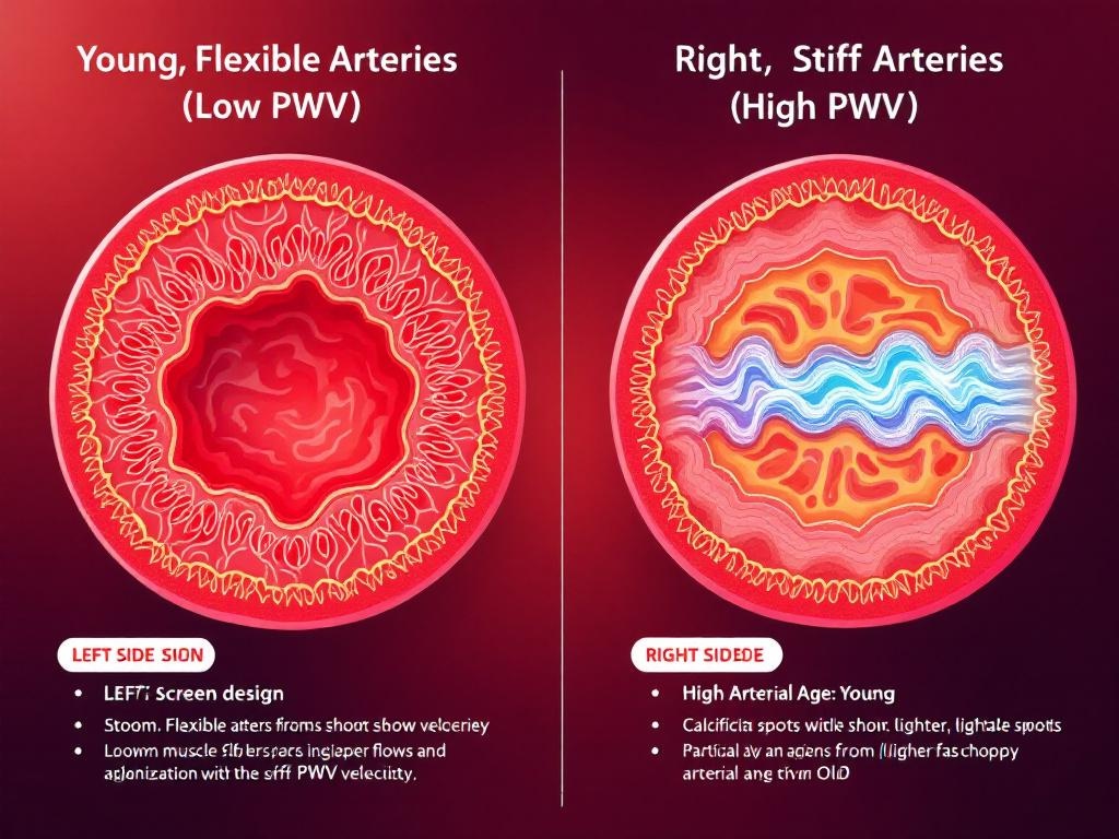 Pulse wave velocity comparison diagram showing flexible young arteries versus stiff 
aged arteries with PWV measurements and AGE trial results

