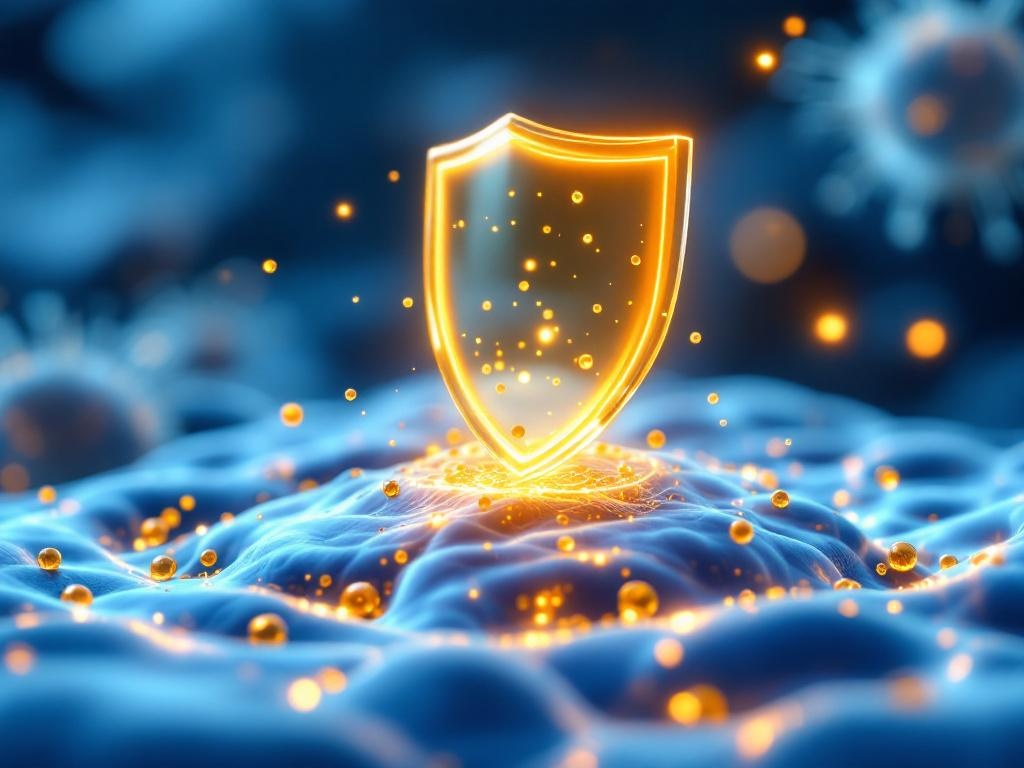 3D illustration of a golden shield protecting a human cell from viral particles, representing quercetin