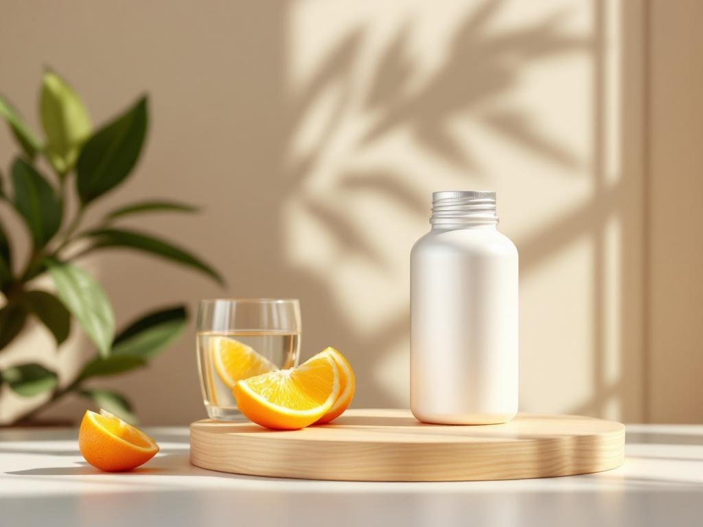 White supplement bottle with fresh orange slices and water, representing a healthy daily routine with quercetin and Vitamin C.

