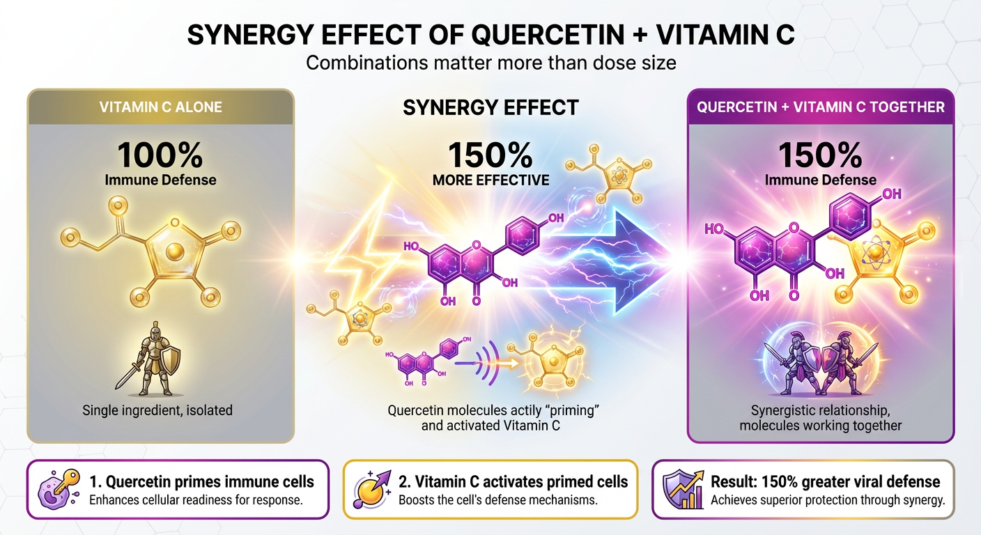 Quercetin and vitamin C synergy graph showing 150% more immune effectiveness when combined