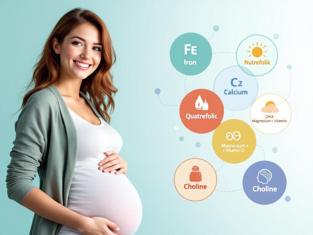 Second trimester pregnancy nutrients guide showing pregnant woman with 6 essential nutrients: iron, calcium, folate, DHA, magnesium, vitamin D, choline for optimal baby development