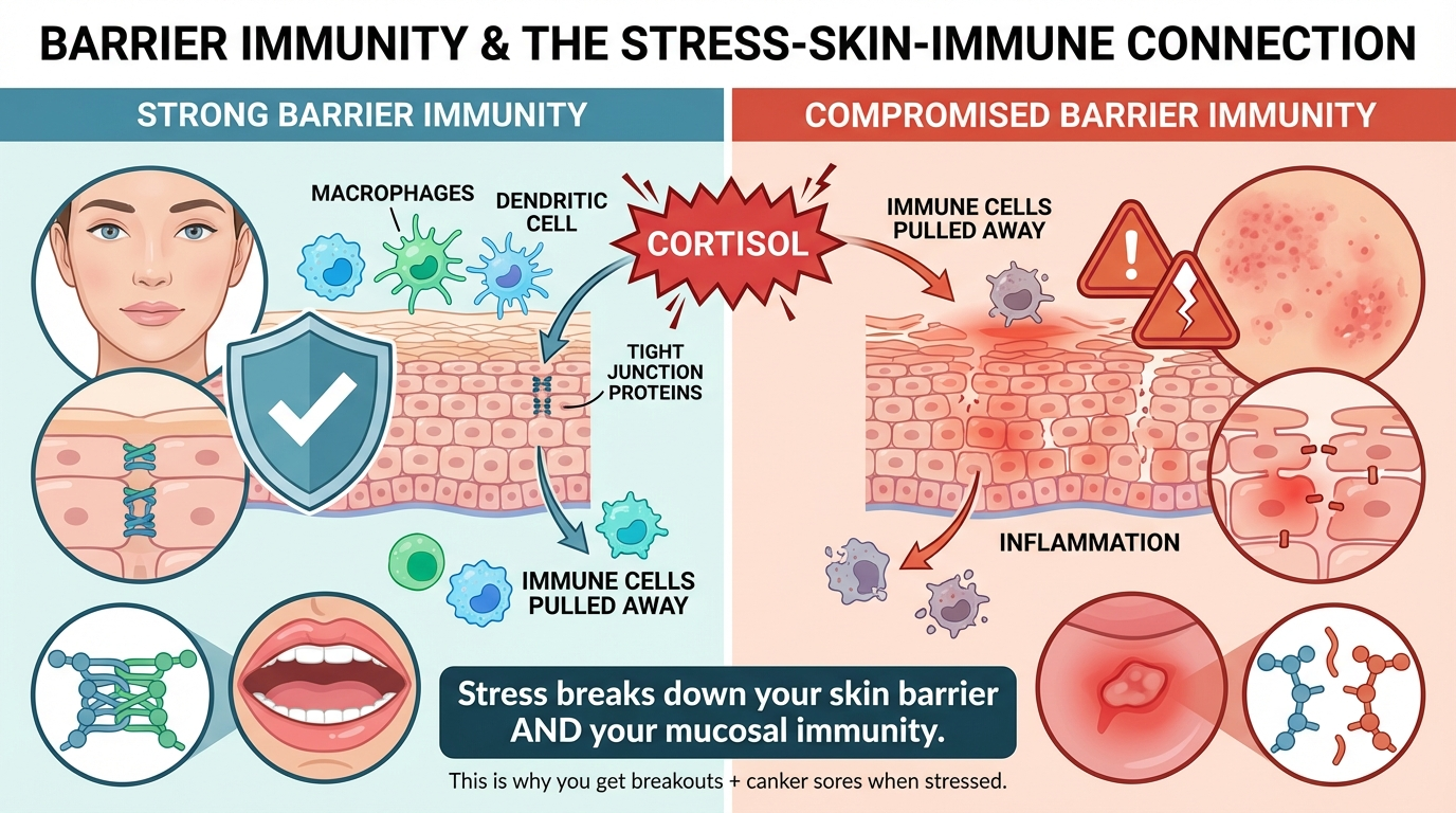 Illustration showing skin barrier immunity breakdown and stress-induced inflammation